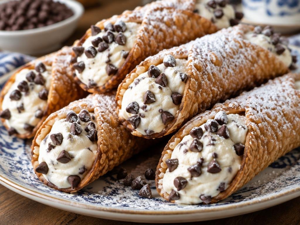 Fresh cannoli filled with ricotta and chocolate chips