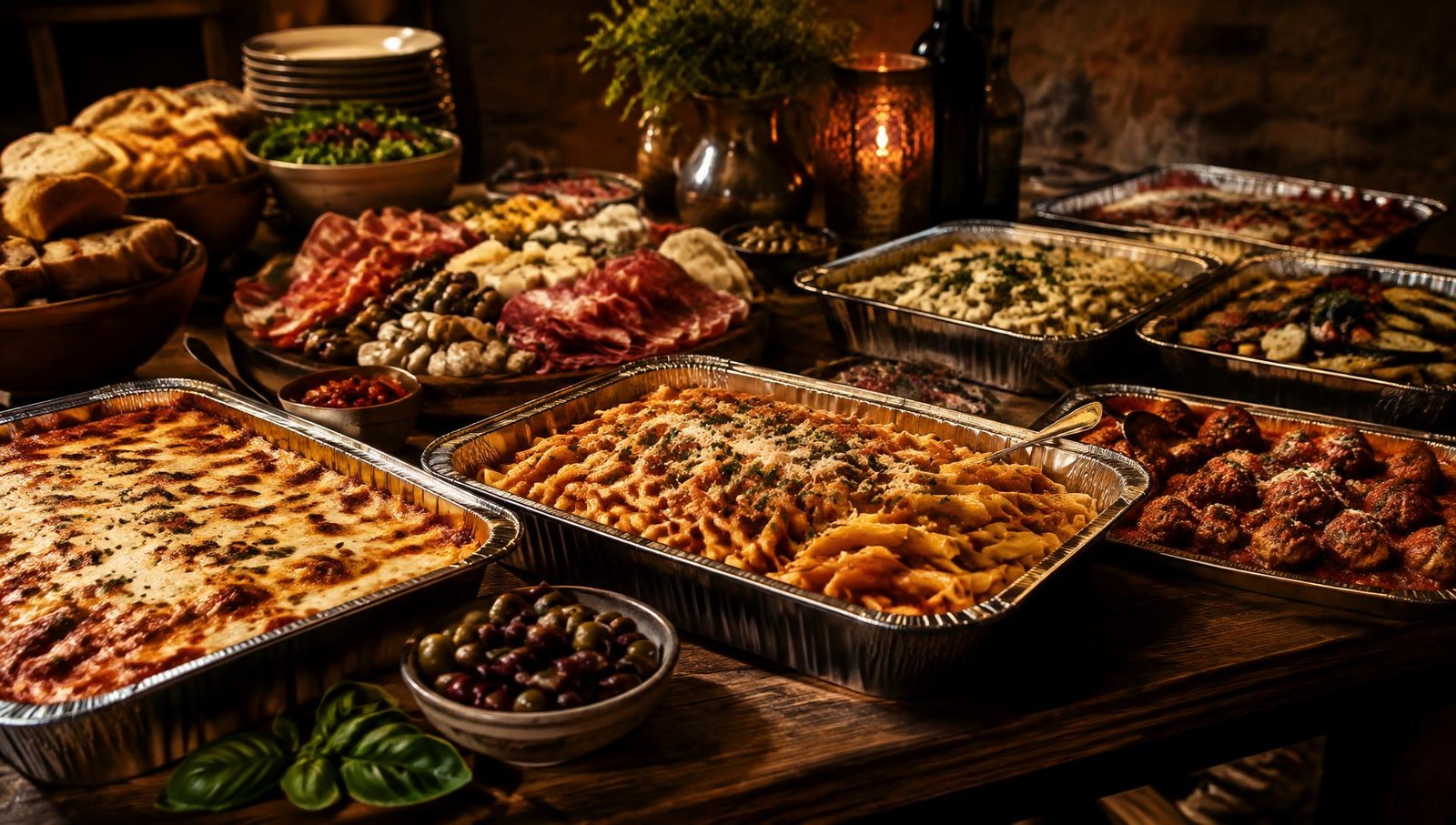 Abundant Italian catering buffet with lasagna, penne and antipasto trays