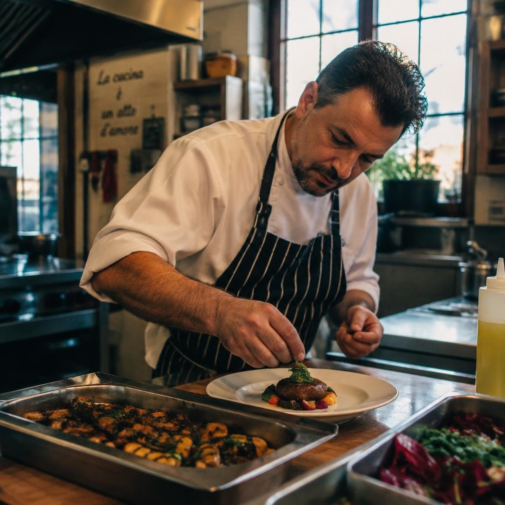 Italian chef preparing trays in the Astoria kitchen