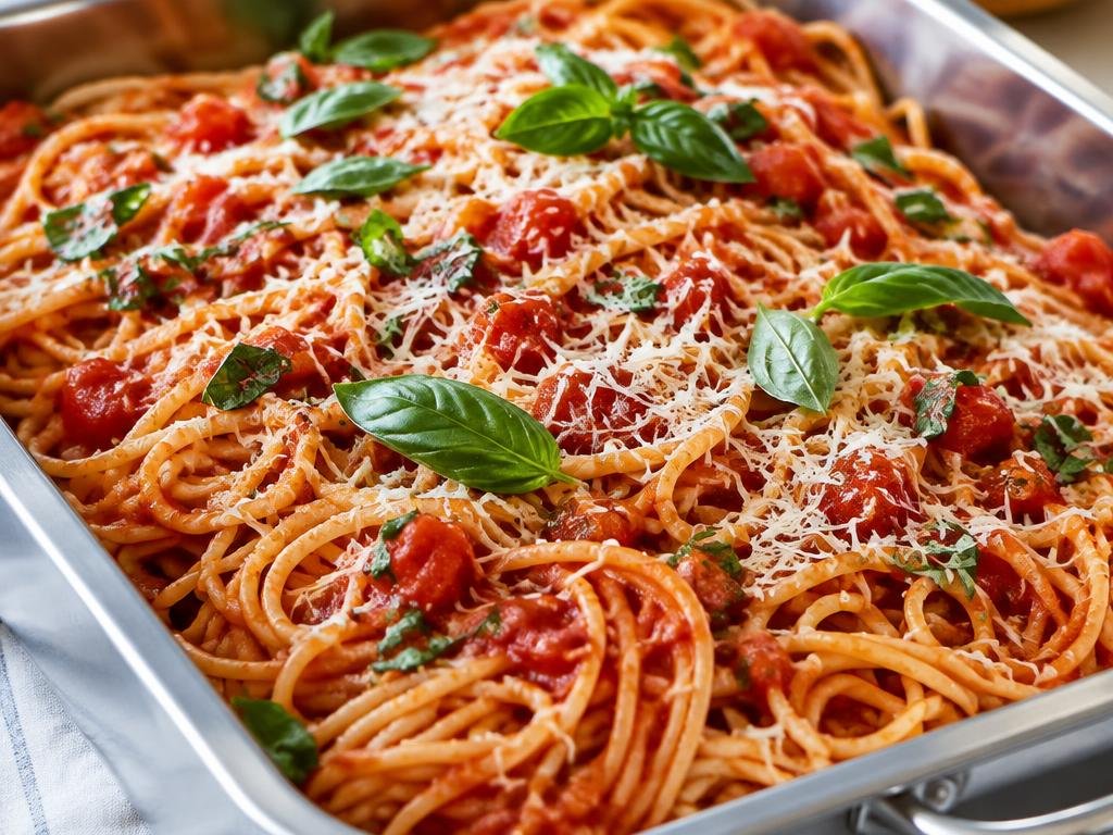 Spaghetti in tomato sauce with basil and parmesan